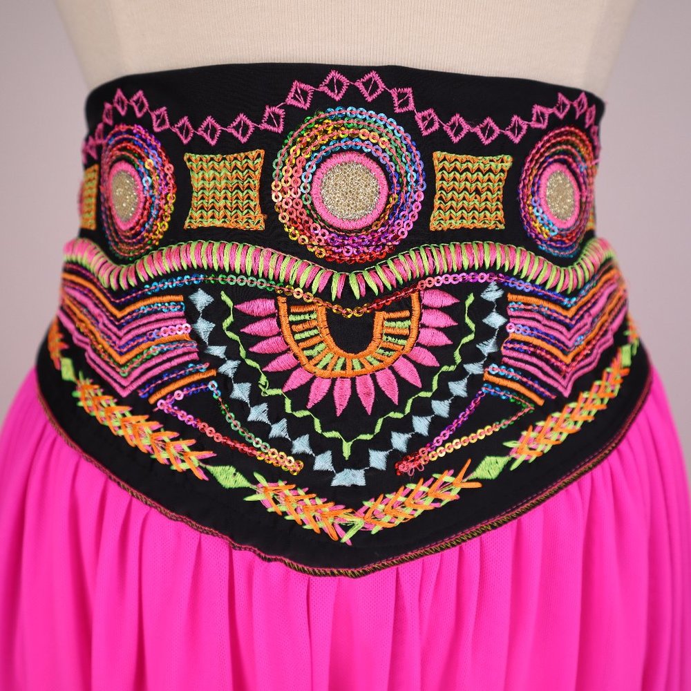 🌺 Embroidered Pink Chiffon Skirt Dress Beach Cover Up Boho Hippie Corset Resort